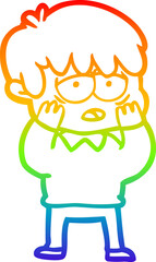 rainbow gradient line drawing cartoon exhausted boy