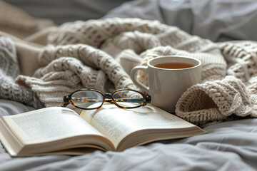 Fototapeta na wymiar Hygge concept: Comfortable home vibes. Beige sweater, tea or coffee mug, book, and glasses on gray bed. Long banner with space for design