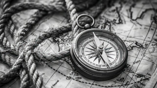 Black and White Image of Compass and Map
