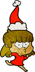 textured cartoon of a whistling girl wearing santa hat