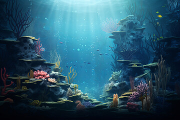 An illustration of an underwater world with various fish, seaweed, and coral, AI Generative