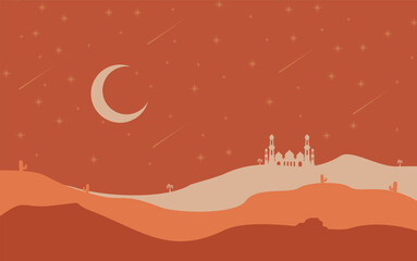 Naklejka premium desert landscape illustration in flat design style with stars and moon in the sky