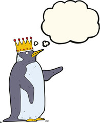 cartoon penguin wearing crown with thought bubble
