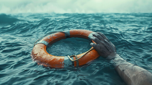 A Lifebuoy floating on sea in storm weather, There was a person's hand immersed in water next to it. World Rescue day