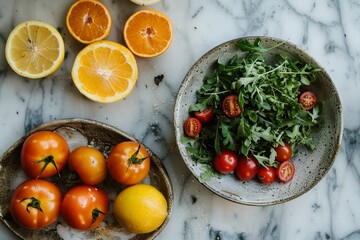 Tomatoes and citrus fruits on plates next to a bowl of salad on marble background. Flat lay composition with copy space. Healthy eating and meal preparation concept