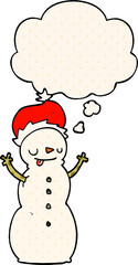cartoon christmas snowman and thought bubble in comic book style