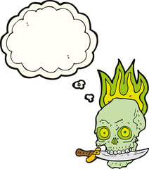 cartoon pirate skull with knife in teeth with thought bubble