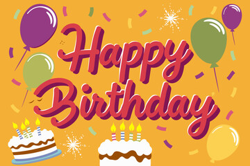 Happy birthday lettering with balloons, confetti, cake and candles