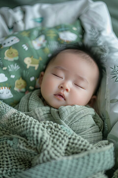 A cute Asian baby sleeping in a baby cot