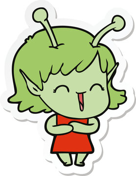 sticker of a cartoon happy alien girl