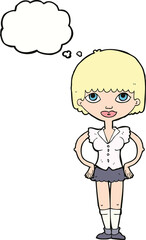 cartoon woman with hands on hips with thought bubble