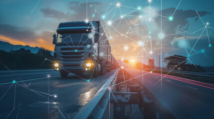 Global business logistics technology network distribution on world map background, Smart logistics import export and transportation industrial concept of container cargo freight ship, Truck on highway