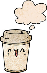 cartoon take out coffee and thought bubble in grunge texture pattern style