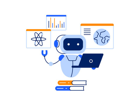 Smart chatbot and AI assistant. Self-learning of chatbot and helping in education. Vector flat illustration isolated on a white background.