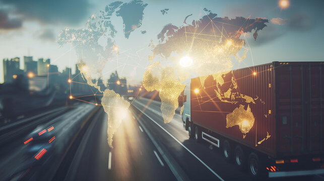 Global business logistics technology network distribution on world map background, Smart logistics import export and transportation industrial concept of container cargo freight ship, Truck on highway - Powered by Adobe