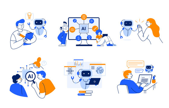 People interact with artificial intelligence apps. AI technology helps with productivity work and study in the modern world. Vector flat illustrations isolated on a white background.