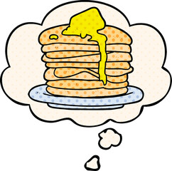 cartoon stack of pancakes and thought bubble in comic book style