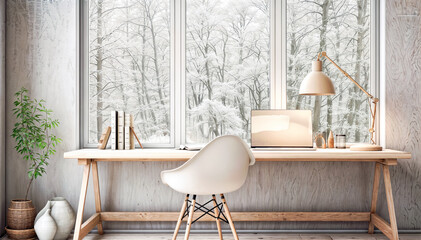 Interior of modern home office with wooden table, chair and window with winter landscape