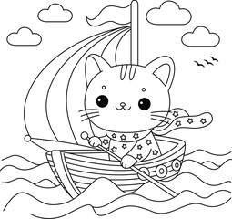 The cute cat is rowing a boat out at sea coloring page.