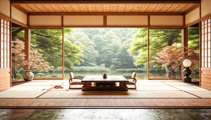 Japanese style room with wooden floor and view of Japanese garden