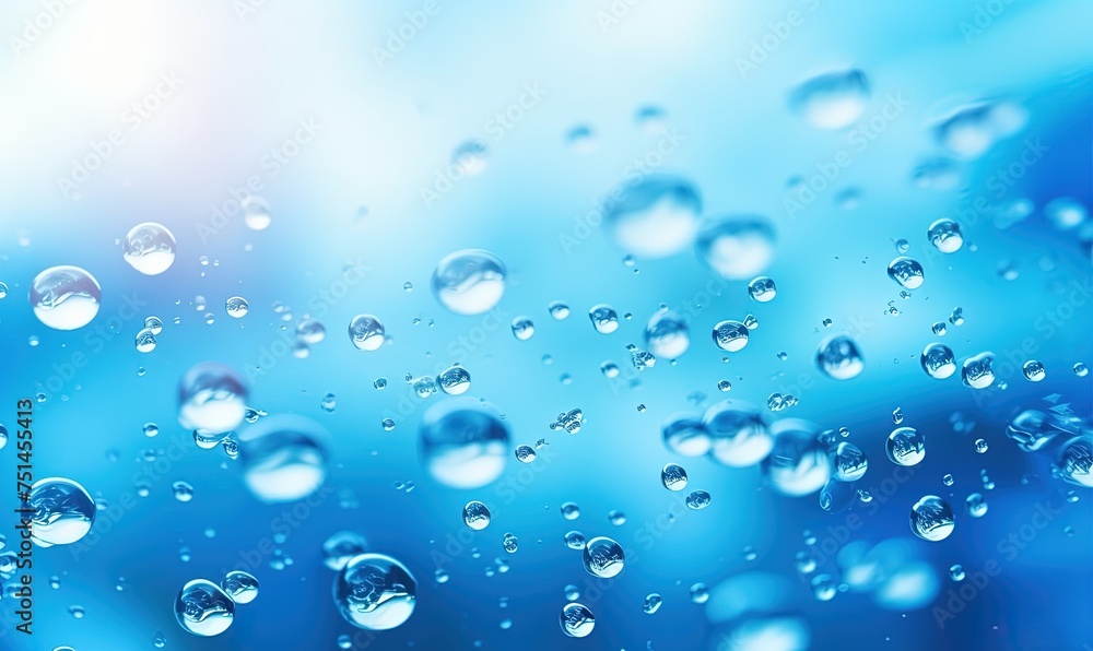 Poster water surface texture with bubbles and splashes that is defocused blurring transparent blue in color