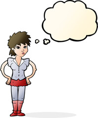 cartoon woman with hands on hips with thought bubble
