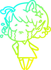 cold gradient line drawing cartoon crying alien girl