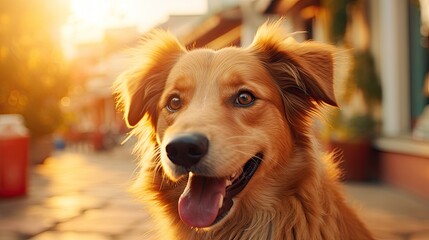 Close up of cute winking brown dog in natural environment - obrazy, fototapety, plakaty