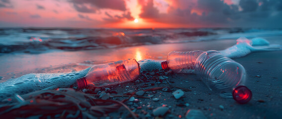 Blue ocean trash littered beach, seaside, beach ocean with waste plastic
