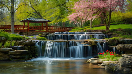 Spring Blossoms Adorning Waterfall: Serene Scene with Wildflowers or Cherry Blossoms in Full Bloom