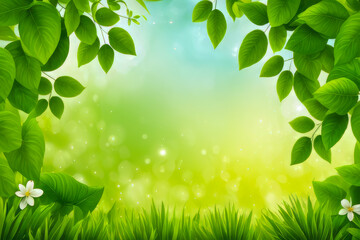 green leaves and sun light spring nature background