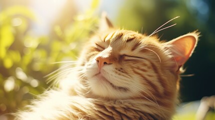 Close up of cute winking brown cat in natural environment - obrazy, fototapety, plakaty