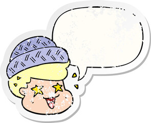 cartoon boy wearing hat and speech bubble distressed sticker