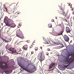 Background of purple drawn flowers with empty space for text or greeting card design. 