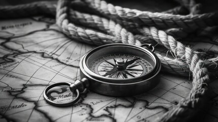 Black and White Image of Compass and Map