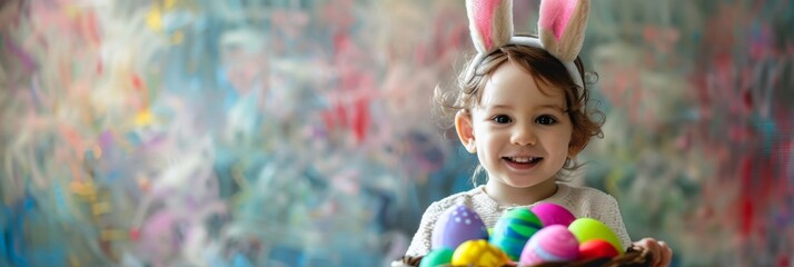 Fototapeta na wymiar Cute Child Holds Basket with Easter eggs, Painted Eggs in Cute Little Boy Hands, Wearing Bunny Ears