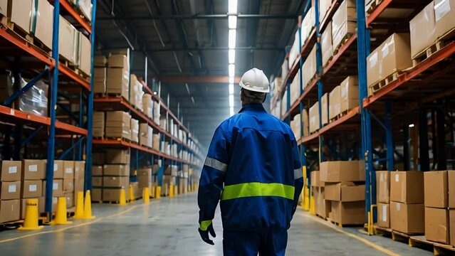 A worker inside a warehouse looking at the cartons