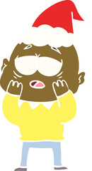 flat color illustration of a tired bald man wearing santa hat