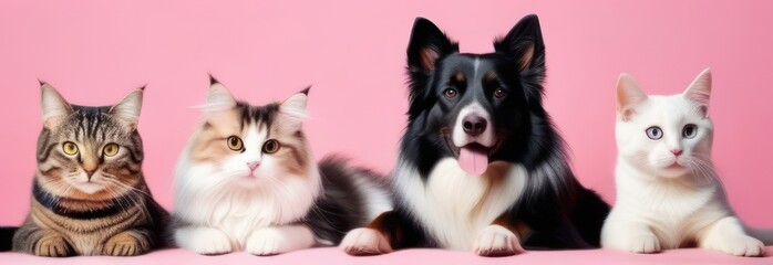 Banner with cats and dogs with free space in pastel colors