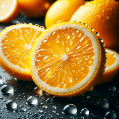 Macro shot of sliced lemons with shiny water drops perfect for cooking promotion