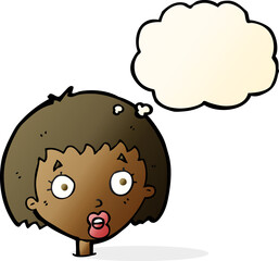 cartoon surprised female face with thought bubble
