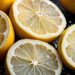 Macro shot of sliced lemons with shiny water drops perfect for cooking promotion