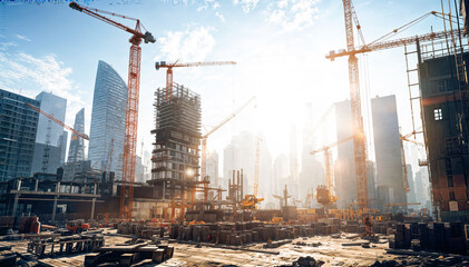 Double exposure of construction site with crane and building under construction at sunset - obrazy, fototapety, plakaty