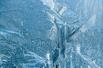 Ice flowers on a roof window at sunrise