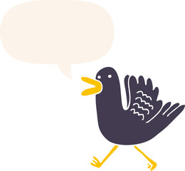 cartoon duck running and speech bubble in retro style