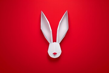 Happy Easter Minimal Greeting Card with White Paper Cut Easter Bunny Ears on Red Background