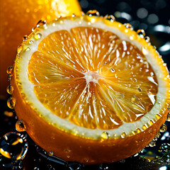 Macro shot of sliced lemons with shiny water drops perfect for cooking promotion