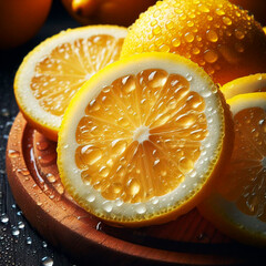 Macro shot of sliced lemons with shiny water drops perfect for cooking promotion
