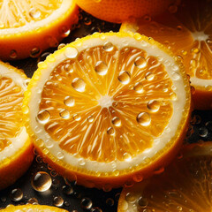 Macro shot of sliced lemons with shiny water drops perfect for cooking promotion