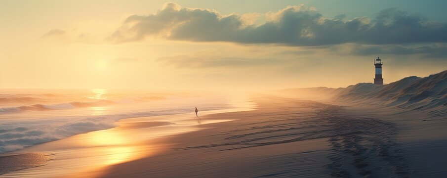 Lone person walking along a beach shoreline toward a lighthouse. Coast with hazy morning light and wave